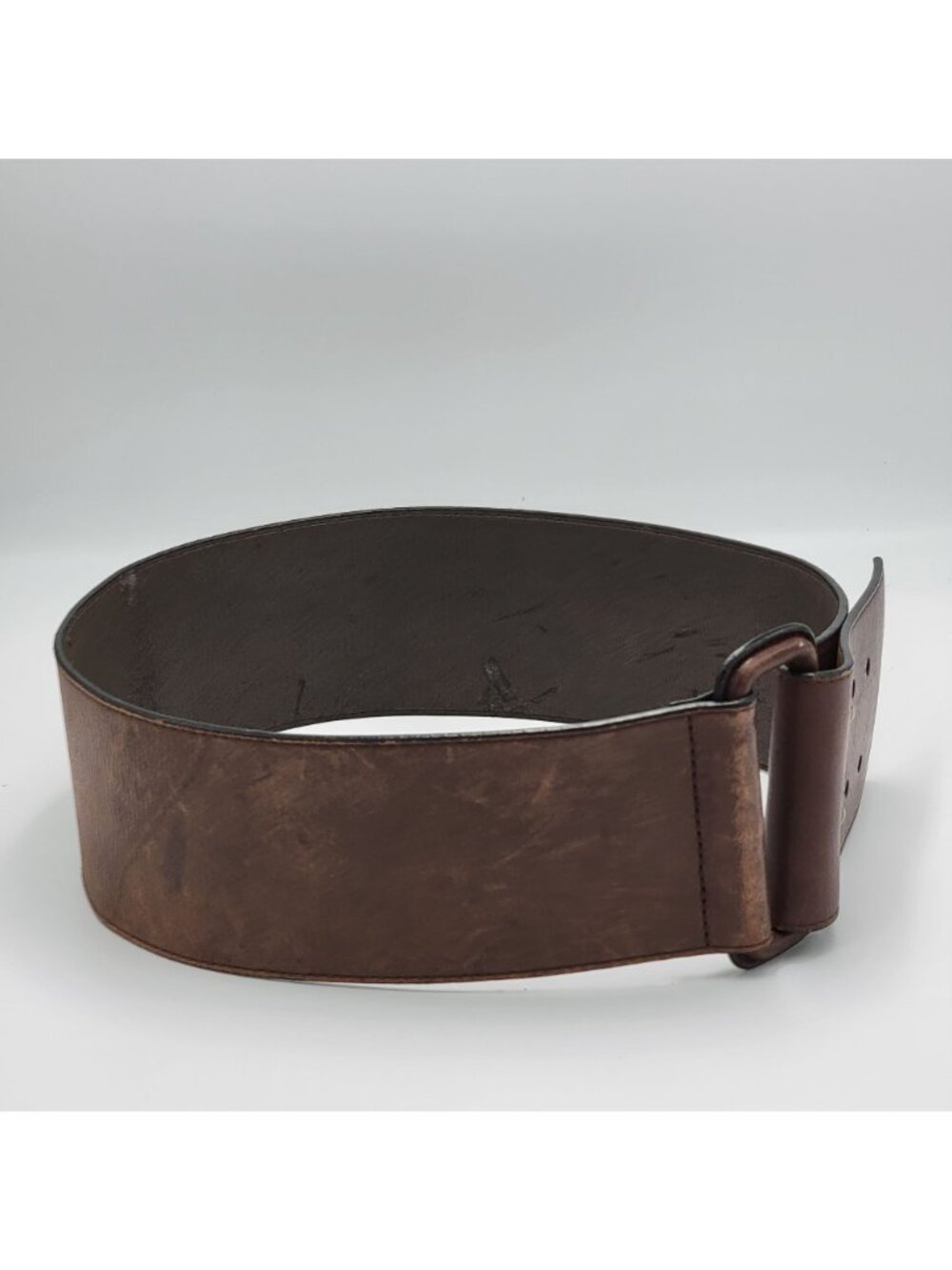 Vintage Wide Brown Leather Belt With Brass Accents Adjustable Design Made In Chi - Picture 2 of 12